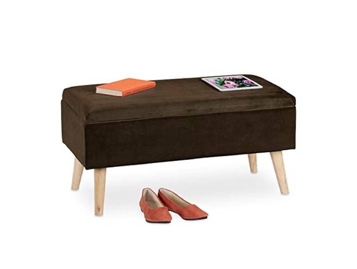 Relaxdays Banc siège avec Espace de Rangement\, Housse Velours\, 40 l\, rembourré\, Pieds en Bois\, entrée\, 41x80x40c\, Marron