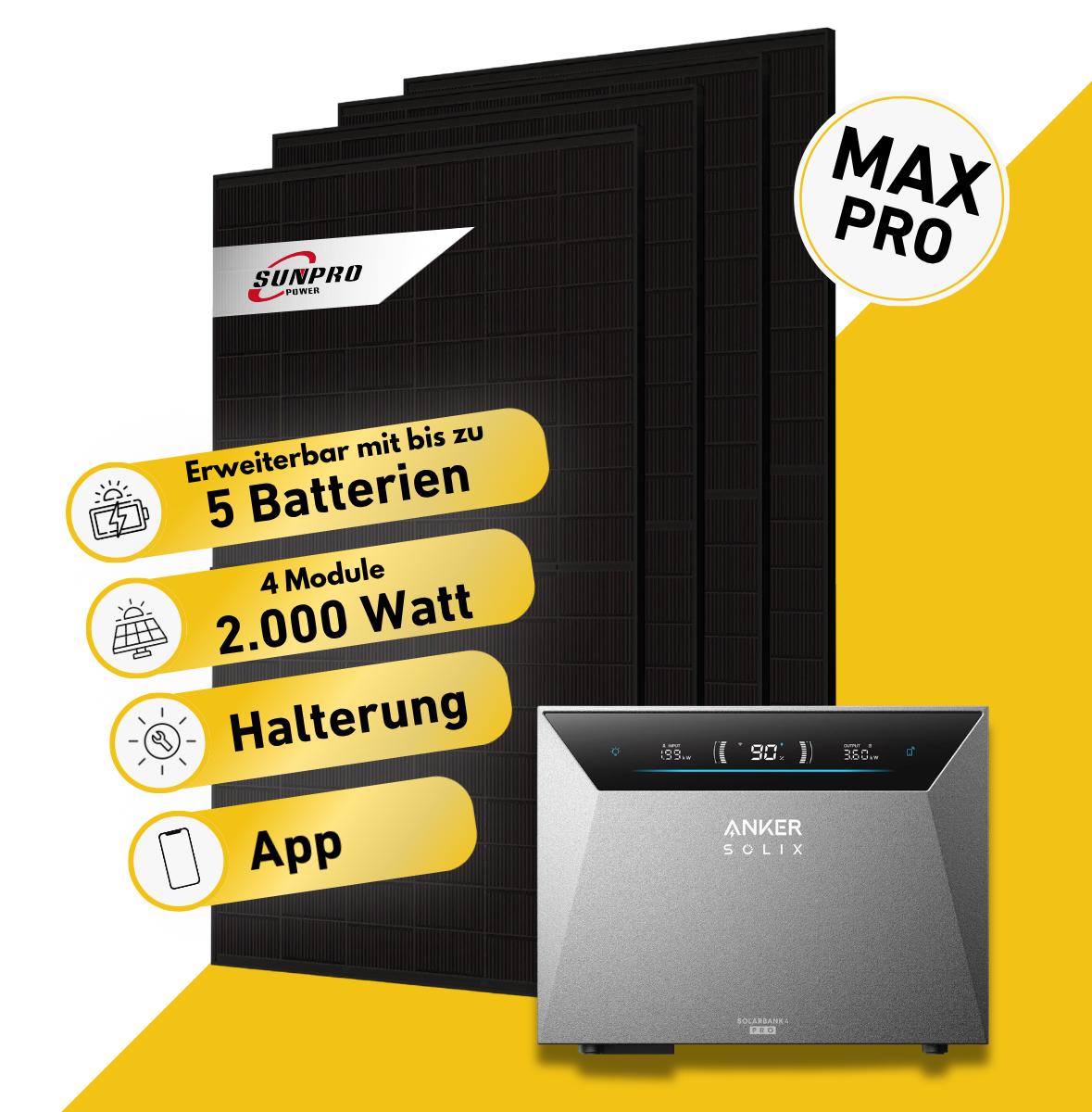 Balkonstrom Balkonkraftwerk 2000W Solaranlage mit Speicher | 4x Solarmodul Bifazial | Anker Solix 4 Pro | Kabel 3m