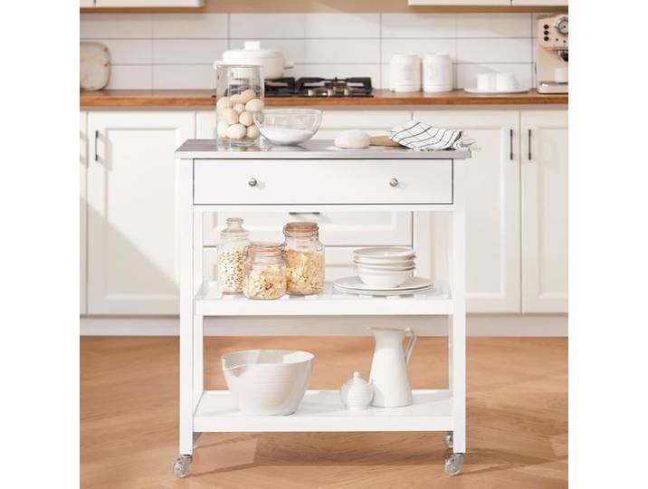 SoBuy Desserte Cuisine à Roulettes avec Plateau Inox Tiroirs et Étagères 81x45x90 cm Meuble de Rangement pour Cuisine Salon