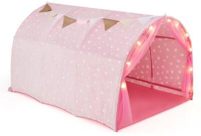 Costway Kids Dream Bed Tent Twin Bunk Bed with Glow in the Dark Stars and Lights-Pink