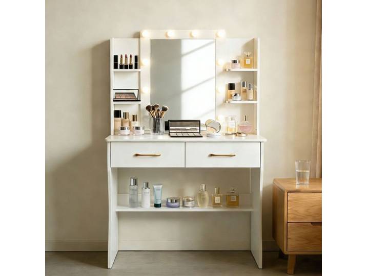 Coiffeuse avec Miroir ampoules Hollywood lumière réglable 40x 80 x 130cm Blanche