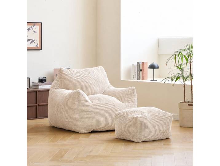 Pouf et repose pieds en velours côtelé beige