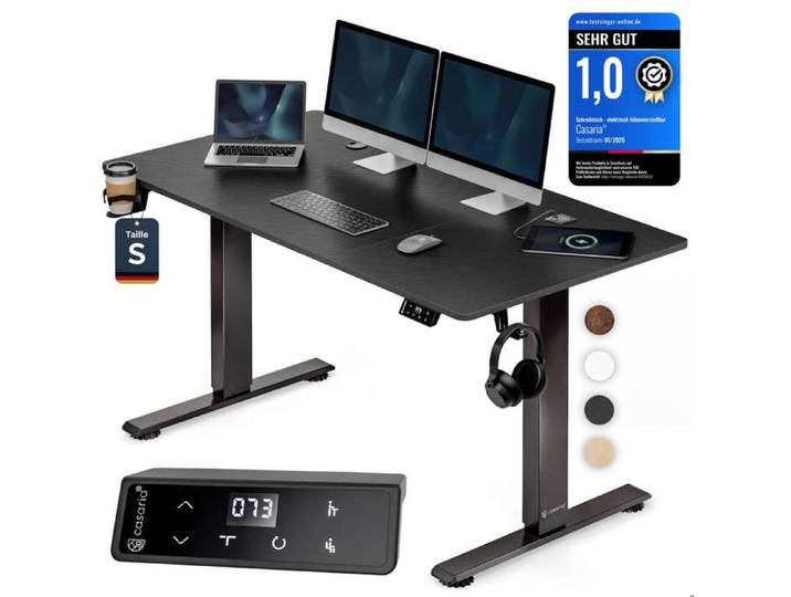 CASARIA® Bureau électrique réglable en hauteur aspect carbone 120 x 60 cm écran LCD 72-117 cm assis debout chargeur sans fil