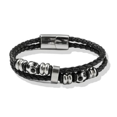 Armband FIRETTI "Schmuck Geschenk Edelstahl Leder Armschmuck Armkette Fußball", schwarz (silberfarben, schwarz), Armbänder, Damen, 21cm, Edelstahl Leder, Edelstahl, Leder, Armband, Made in Germany