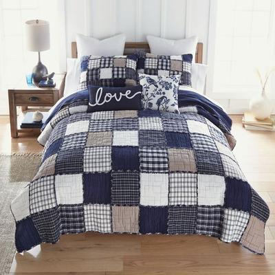 American Heritage Textiles Checkerboard Indigo Patchwork Mini Quilt Set, Full / Queen, Indigo