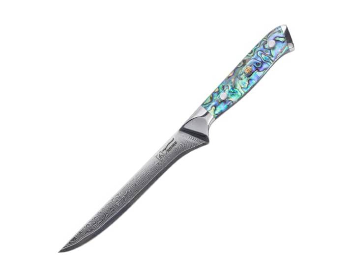 Tsume Filetiermesser Abalone, Klingenlänge 15cm, Echtes Damast Küchenmesser mit Perlmuttplatten, 67 Schichten VG10 Edelstahlkern mit Kunstharz Handgriff, Rasiermesserscharf