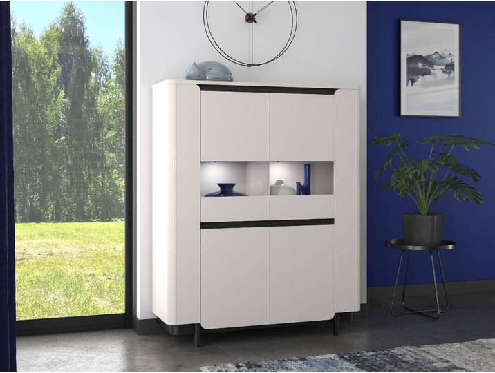 Vitrine FORTE Vodol , beige (kashmir beige, schwarz), B:130,3cm H:161,1cm T:44,8cm, Holzwerkstoff, Schränke, Vitrine, Highboard, Glatüren, abgerundete Kanten