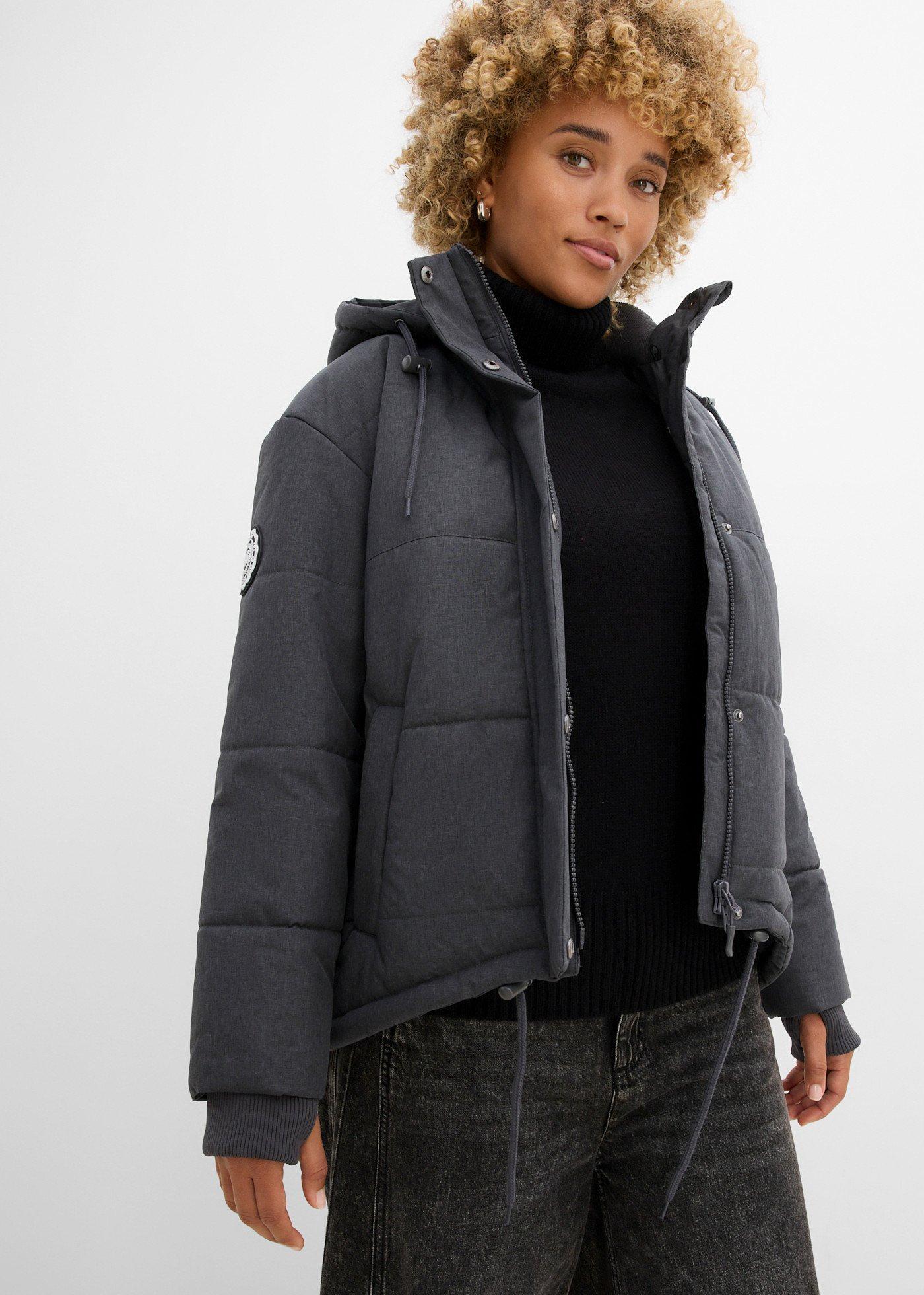 bonprix wasserabweisende Outdoor-Steppjacke Oversized, grau, Gr.42, Outdoor-Winterjacke mit Kapuze und verschließbaren Taschen, überschnittene Schulter, Oversize Fit