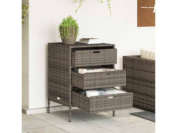 NEW Gris Coffre de Jardin - Armoire de rangement de jardin et 3 tiroirs gris résine tressée - design élégant &68662