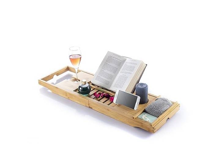 InnovaGoods - Uitschuifbaar Bamboe Bad Dienblad, Met Beker- en Kaarsenhouder, Smartphone-Sleuf, Inklapbare Boekenstandaard, Verwijderbare Lade, 70-104 cm, Bamboe, Grijs