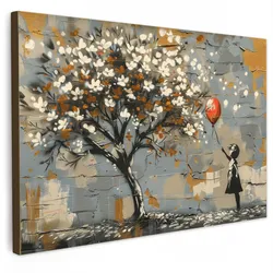 LEINWANDBILD Baum - Graffiti - Banksy-Stil - Ballon-Mädchen Wanddeko 90x60 cm