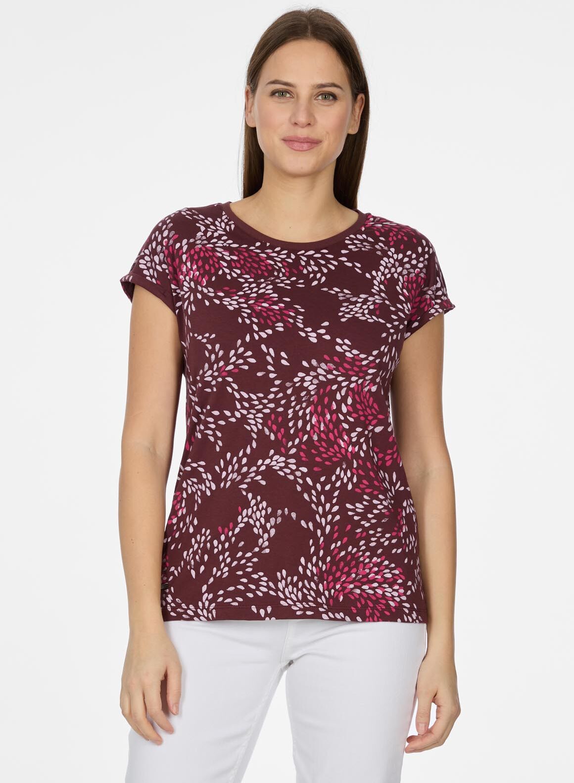Kurzarmshirt RAGWEAR "DIONA PRINT", Damen, Gr. S, wine, Jersey, Obermaterial: 50% Baumwolle, 50% Modal, bedruckt, normal, Rundhals, Shirts Kurzarmshirt, T-Shirt mit buntem Allover-Print wine S