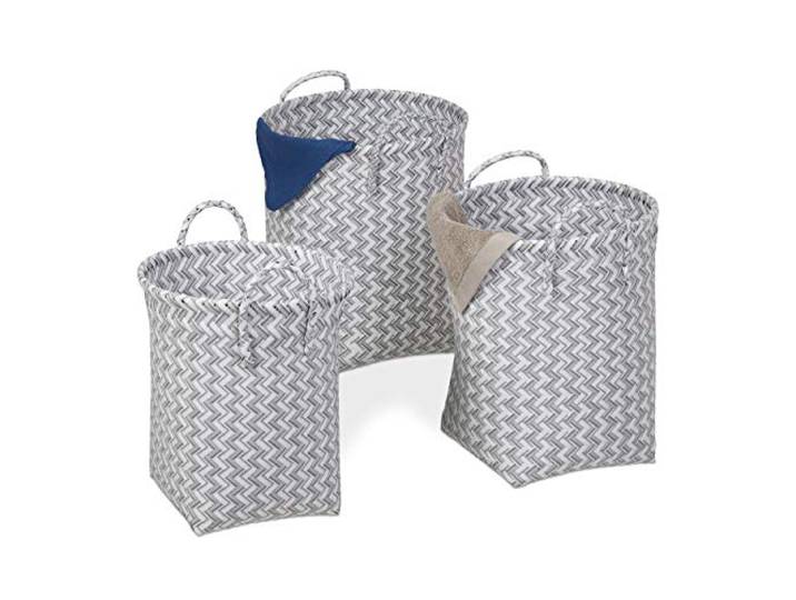 Relaxdays Panier à lessive tressé\, jeu de 3 corbeilles à rangement\, 3 tailles\, avec anse\, plastique\, choix de couleurs