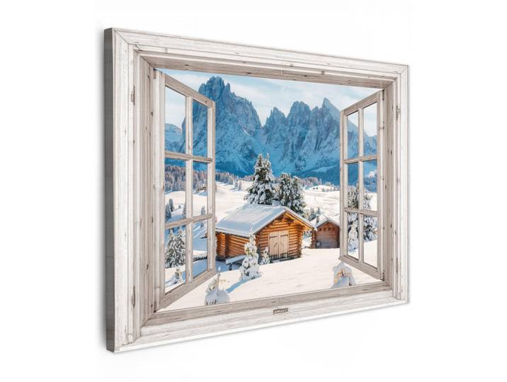 MuchoWow Leinwandbild - Winterlandschaft - Hütte - Berge - Ausblicke - Aussicht - Natur - 80x60 - Malerei, Weiß Hochglanz, Textil, Kiefer, Abstrakt, Rechteckig, 80x60 cm, gerahmt, Bilder & Rahmen, Bilder, Wandbilder