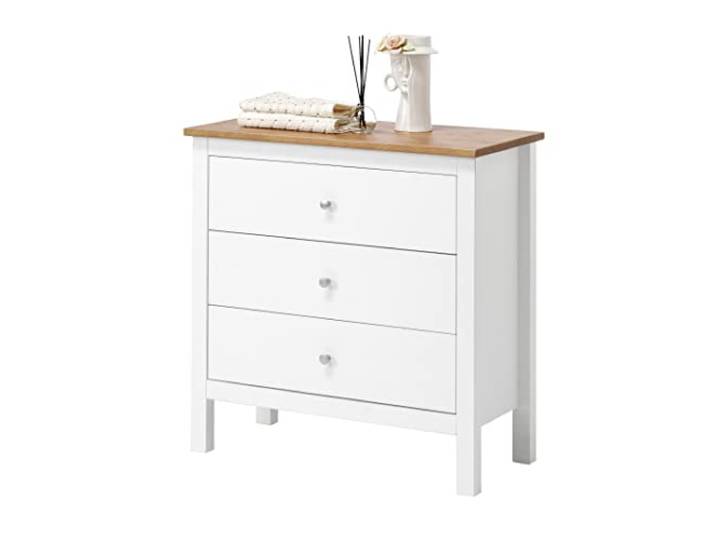 hagge home Scandinavische houten commode met 3 laden, dressoir, dressoirs, commode, commode, commode, woonkamer, kast, slaapkamer, hal, 75 x 37 x 75 cm, smal, klein, bruin, wit