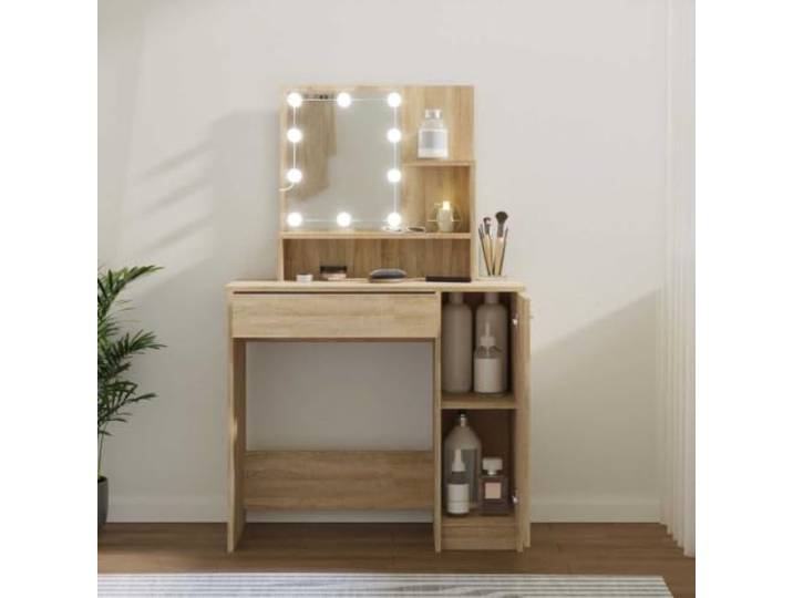 ZXQVLMRS Schminktisch LED Spiegel, Holzwerkstoff Kosmetiktisch mit Inklusive USB-Lampen, Viel Stauraum, Sonoma-Eiche Optik, Stabil & Modern