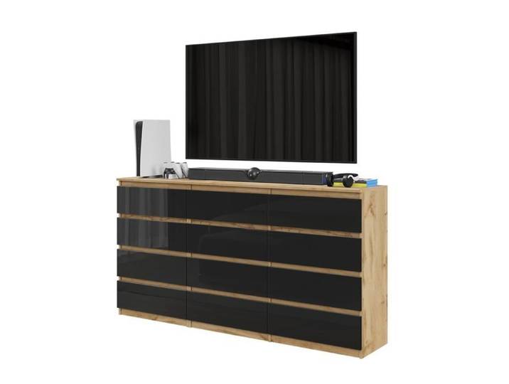 GABRIEL - Commode 12 Tiroirs (8+4) - H92cm L180cm P33cm (Chêne Wotan / Noir Brilliant)
