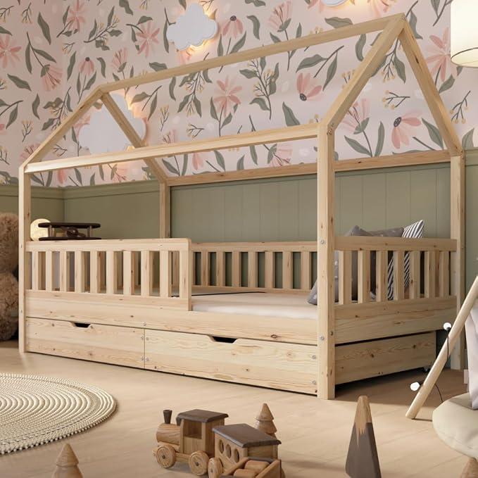 Hausbett mit Schubladen 90x200 cm - Kinderbett aus Naturholz mit Rausfallschutz - Skandinavisches Design, Montessori Bodenbett mit zusätzlichen Stauraum - Crazy Blanco