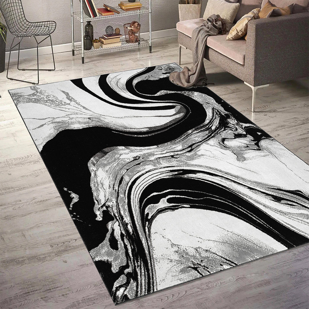 Metro Modern Abstract Area Rug – 100% Polyester, Antistatic, Soil & Water Repellent, Colourfast Living Room Carpet Black Rectangle 160 x 230cm