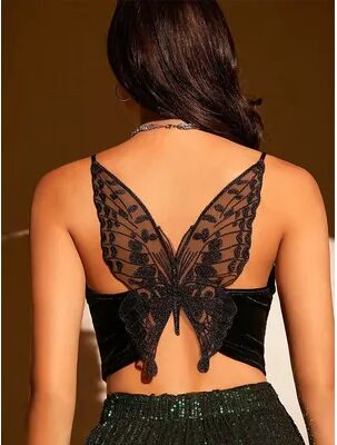 Women Boutique Goth Butterfly Velvet Mesh Cami Crop Top For Women black l