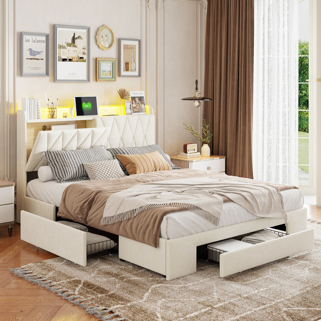 Ivy Bronx Upholstered Velvet Drawers Bed European Kingsize (160 x 200 cm)