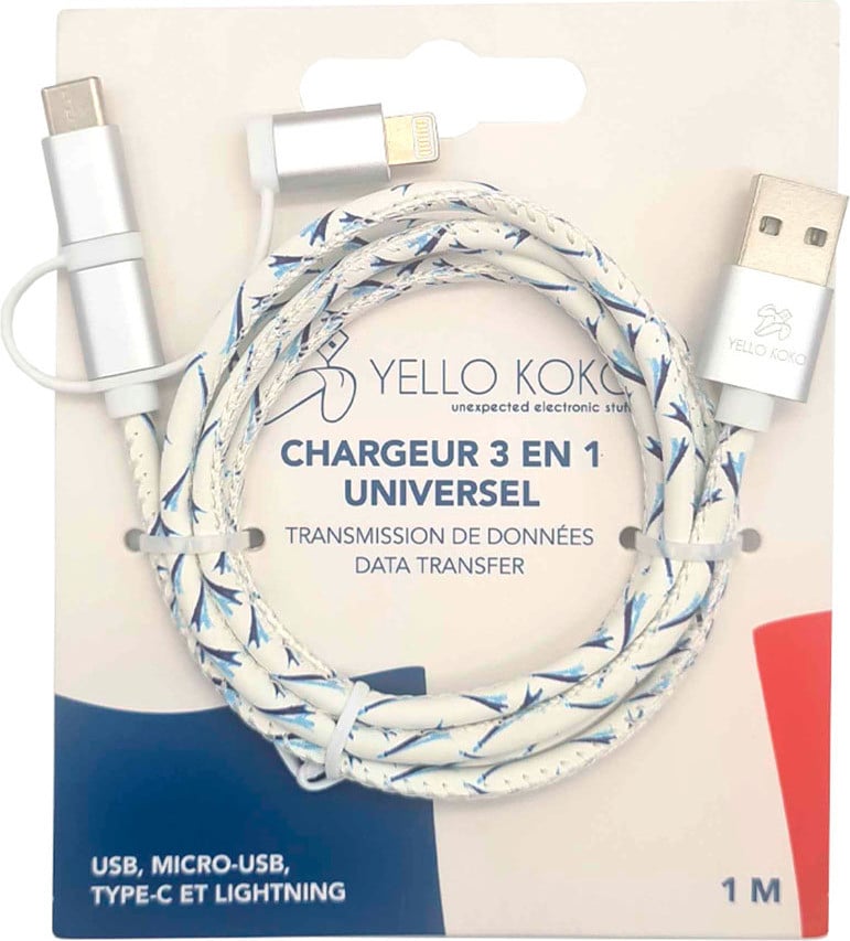 YELLO KOKO Platte USB-kabel 3A naar MicroUSB, USB-C of Lightning, 1 meter, wit