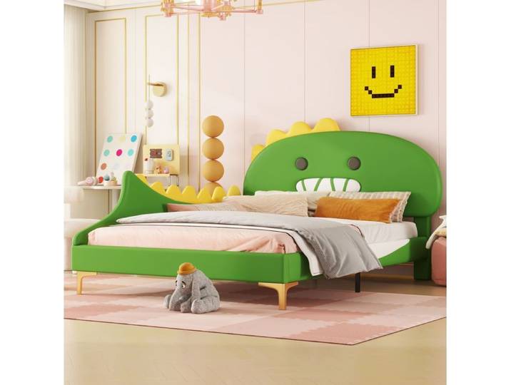 VUENOR Lit enfant 140x200 cm vert – dinosaure cartoon sommier à lattes sans matelas