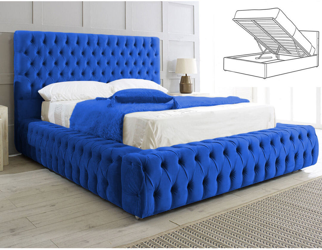 Britainsleep Elite Elegance Ambassador Ottoman Storage Bed - Premium Upholstered Velvet Bed Frame with Tall Headboard Blue Kingsize (5')