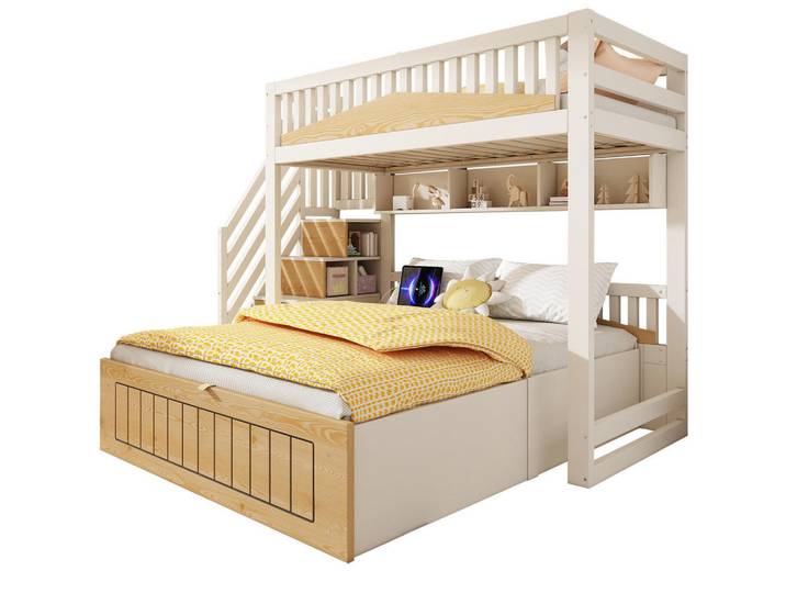 Okwish Etagenbett 160/200 cm weiß/natur aus Holzwerkstoff mit Stauraum und Usb-C, Weiß, 90x200 cm, Babymöbel & Kindermöbel, Kinderzimmer & Jugendzimmer, Stockbetten