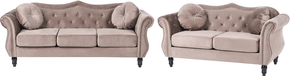 Skien Bankenset Chesterfield in Taupe met Fluweel en losse kussens