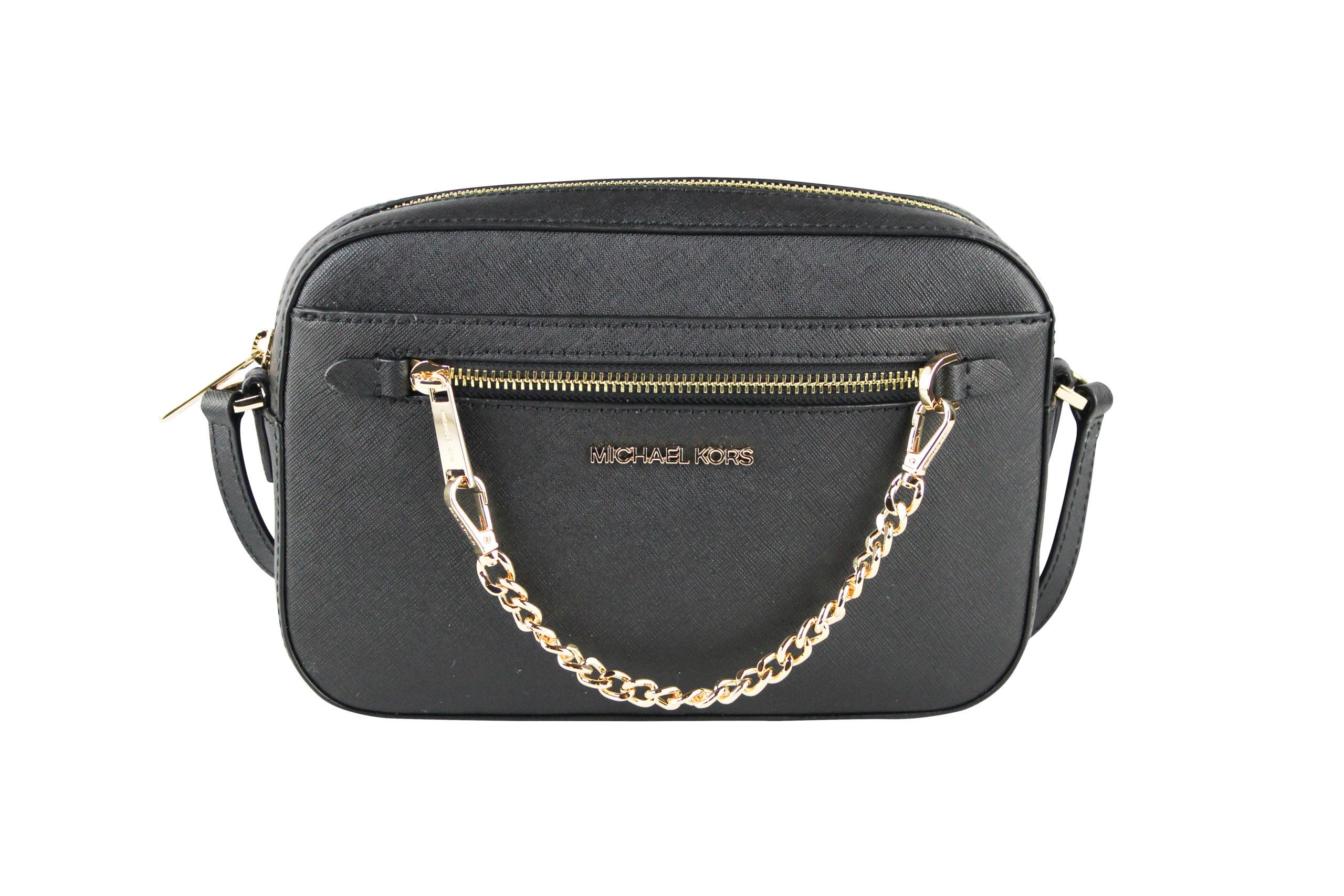Michael Kors Women's Jet Set Item Large East West Saffiano leather Zip Chain Crossbody Handbag (Black Solid/Gold)