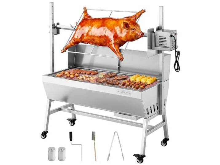 VEVOR Barbecue à Charbon avec Tournebroche Électrique 38 W\, Rôtissoire à Charbon de Bois Capacité de Charge 60 kg\, 7 Niveaux de Hauteur\, Broche en Inox\, pour Agneau Porcelet\, Camping Fête Extérieur