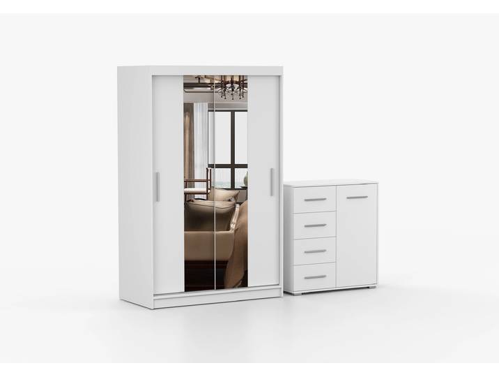 Schwebetürenschrank und Kommode 2er-Set NEOMI 01/FRIDA MINI 01 Weiß Weiß