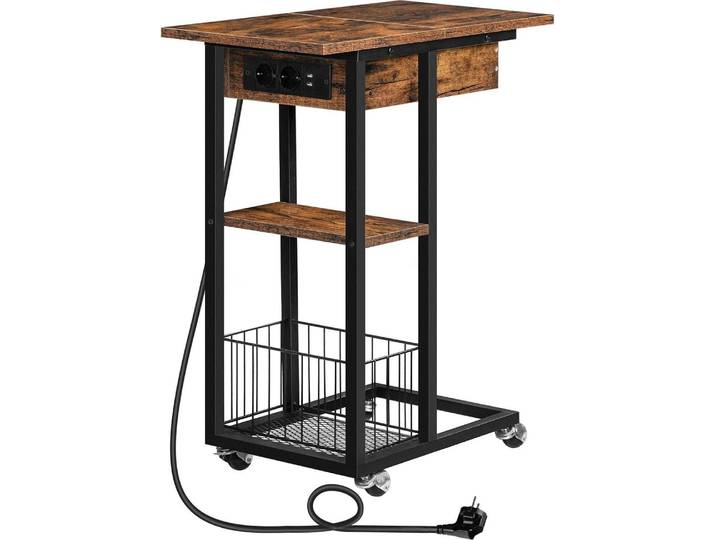 Beistelltisch mit Ladestation C-Form Sofatisch Dunkelbraun Schwarz