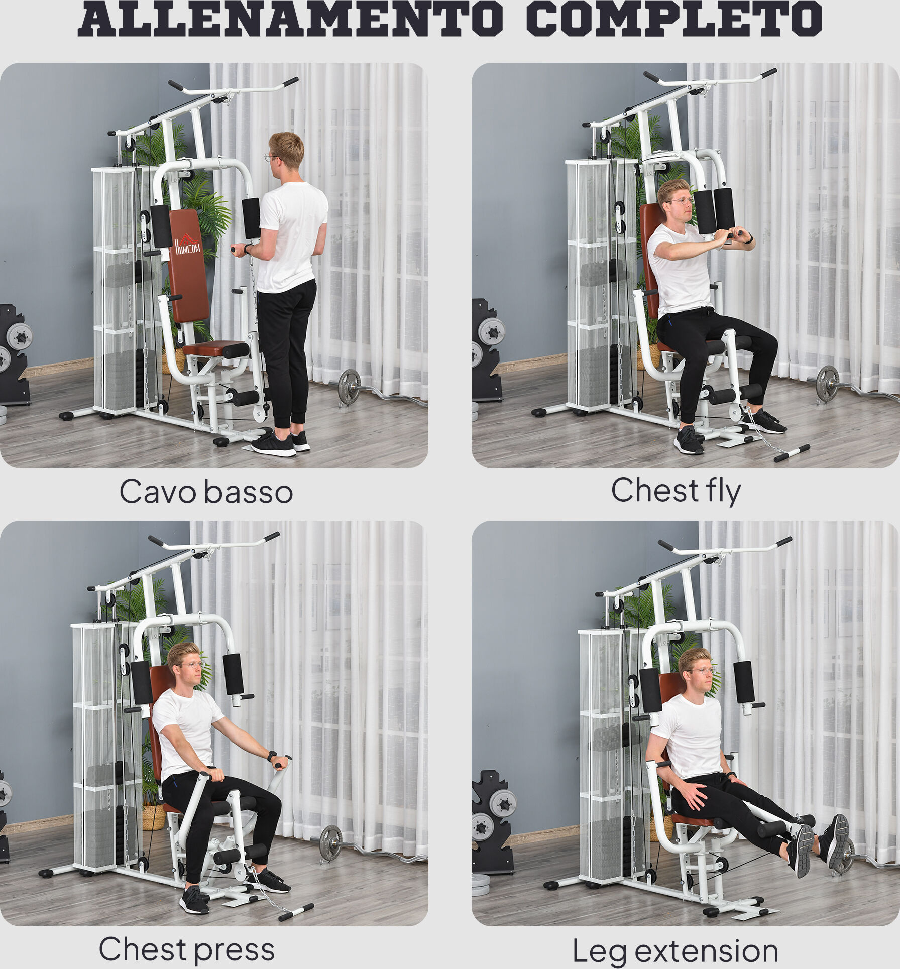 Altro Stazione Fitness Multifunzione Per Casa E Palestra Con 4 Imbottiture, In Acciaio E Pu, 150x110x210 Cm, Bianco