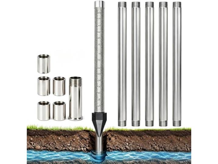 Spitzbrunnen Set, Brunnenfilter 1-1/4 Zoll 5+1 60 Mesh Edelstahl-Sieb, Verzinkte Stahlrohre, Fünf Verlängerungen, Rammzubehör Für DIY-Wasserentnahme