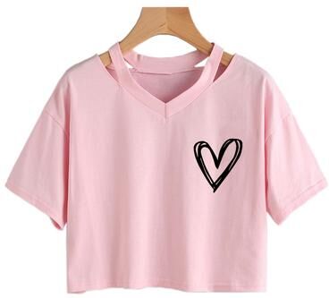 Universal Stock Heart Print Drawstring Crop Top For Women Slim Fit Graphic Tee pink l
