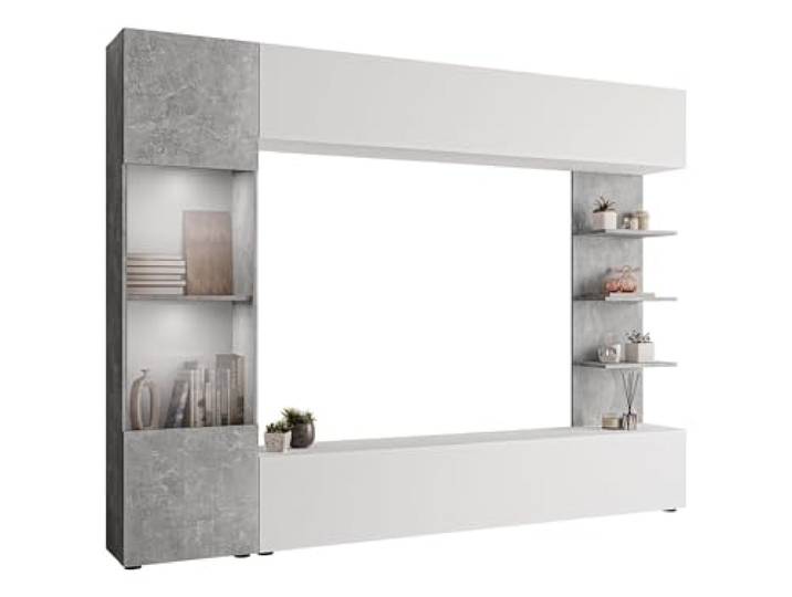 Mirjan24 Wohnwand Lazando, 4-teilig, weißer LED (Weiß/Beton) Anbauwand mit Hängeschrank, Vitrine, TV-Lowboard und Wandregal, 7 Fächern und grifflosen Fronten, B/H/T: 250/187/30 cm
