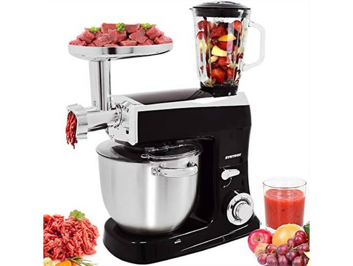 Syntrox Germany 1500 Watt Küchenmaschine Knetmaschine Mixer mit Fleischwolf, Edelstahl-Behälter, 7,5 Liter, schwarz