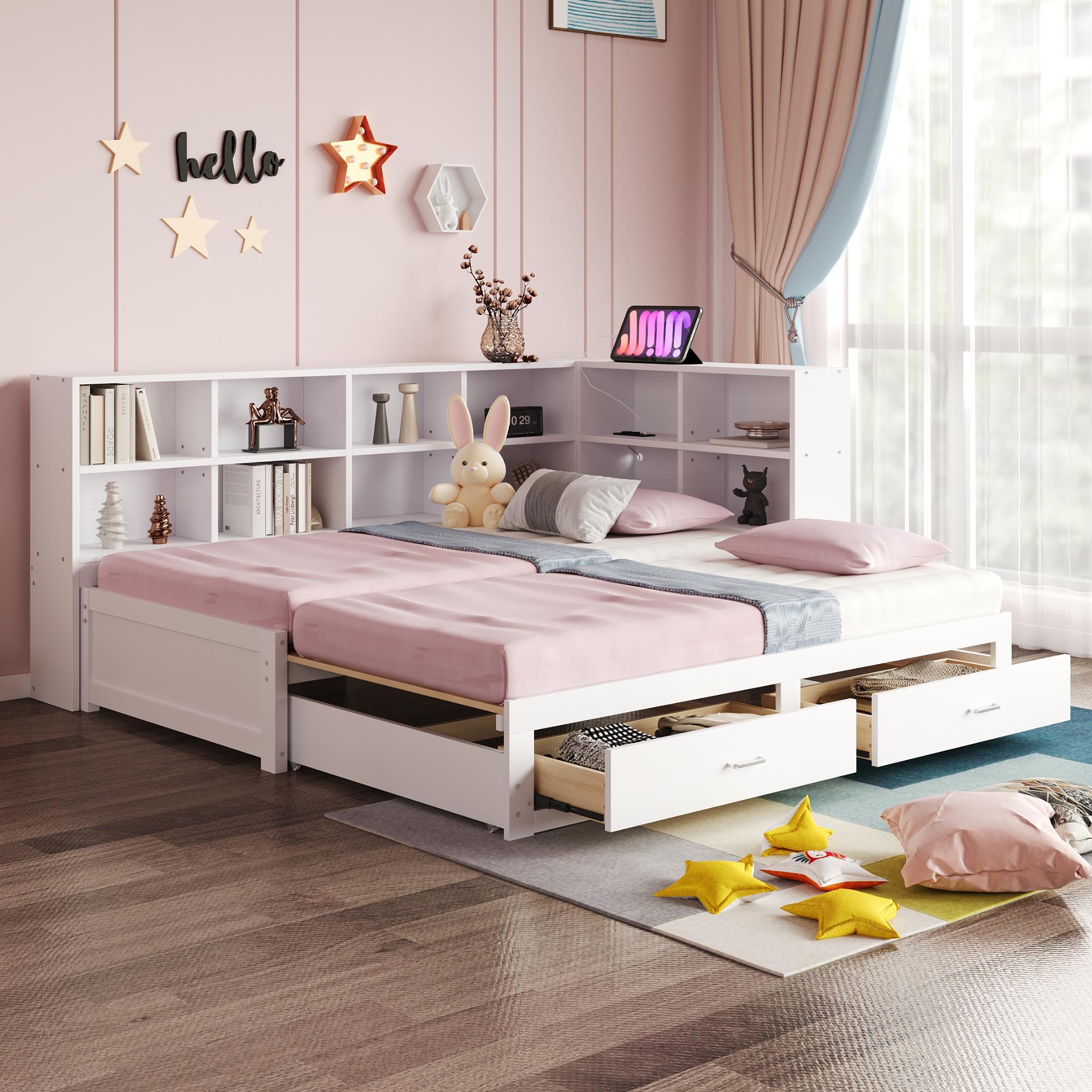 Massivholzsofa 90/180*190cm, Mit Ausziehbarem Bett, Mit Staufach, multifunktionale Euro-Steckdose, Schubladen, Lattenrost