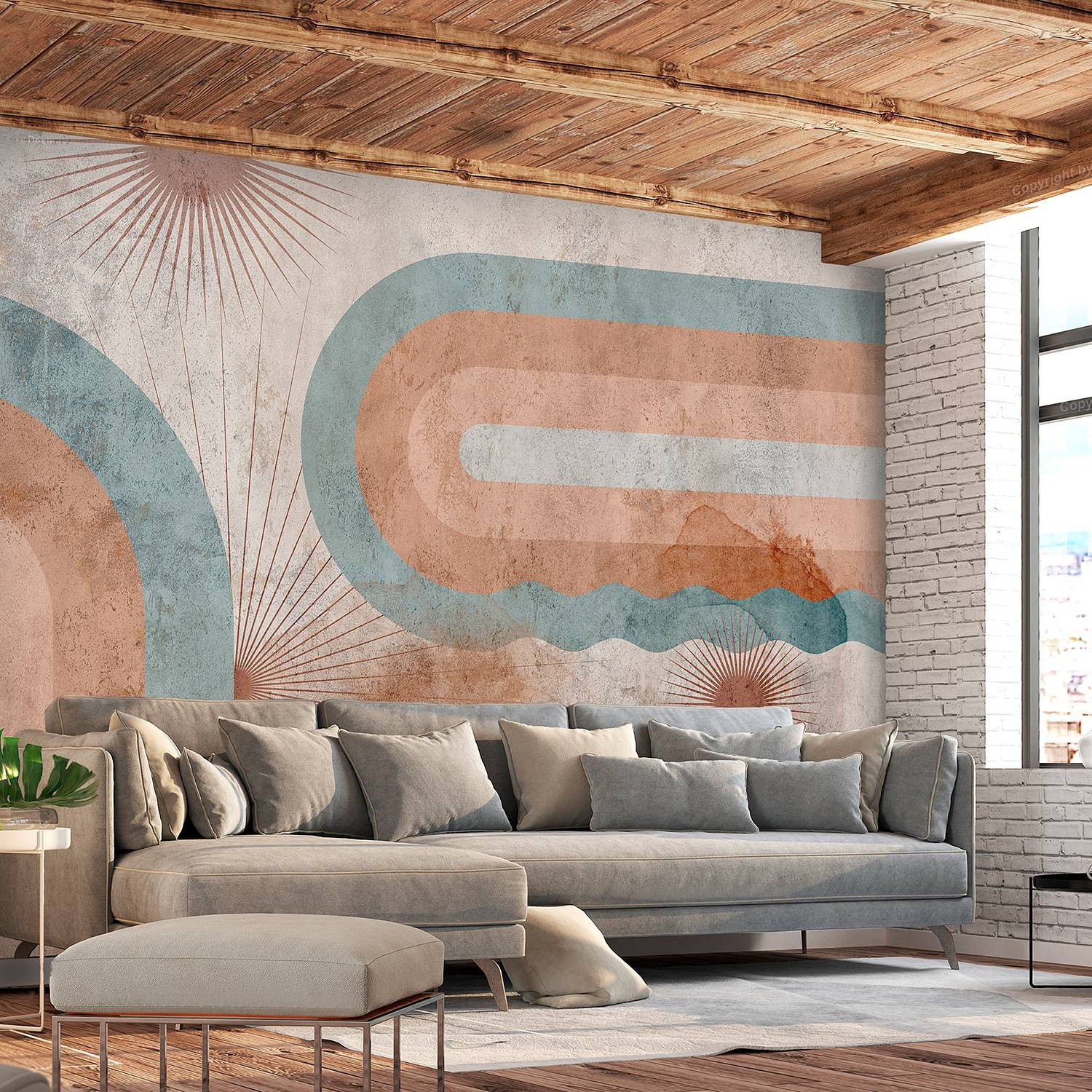 home24 Vlies-fotobehang Three Suns Abstract Modern Bruin Blauw 200 cm