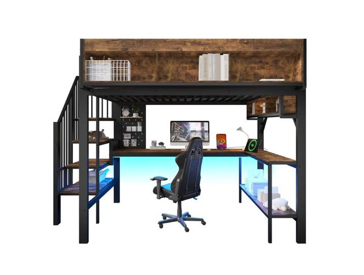 ELVORIN Hochbett 140 x 200 cm vintage braun-schwarz avec bureau d'angle rangements panneau perforé LED USB Type-C