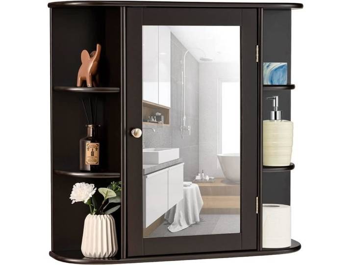 GOPLUS Armoire Murale pour Salle de Bain Porte avec Miroir Plusieurs Tablettes de Différentes Tailles 65x17x63CM Brun