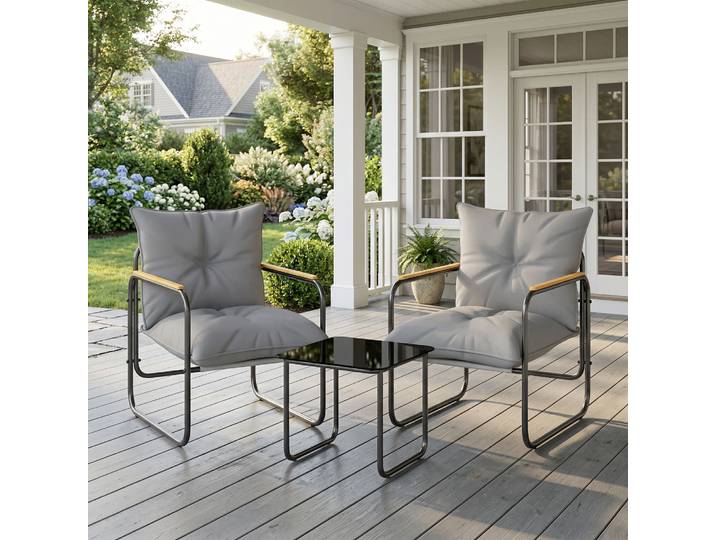 Outsunny Ensemble Bistro 3pcs Table Verre 2 Chaises Coussins Bois