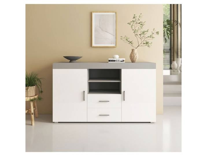 Design Ameublement - Buffet Bahut ROQUE - 2 portes 2 tiroirs - Gris et Blanc - 140x80x40cm