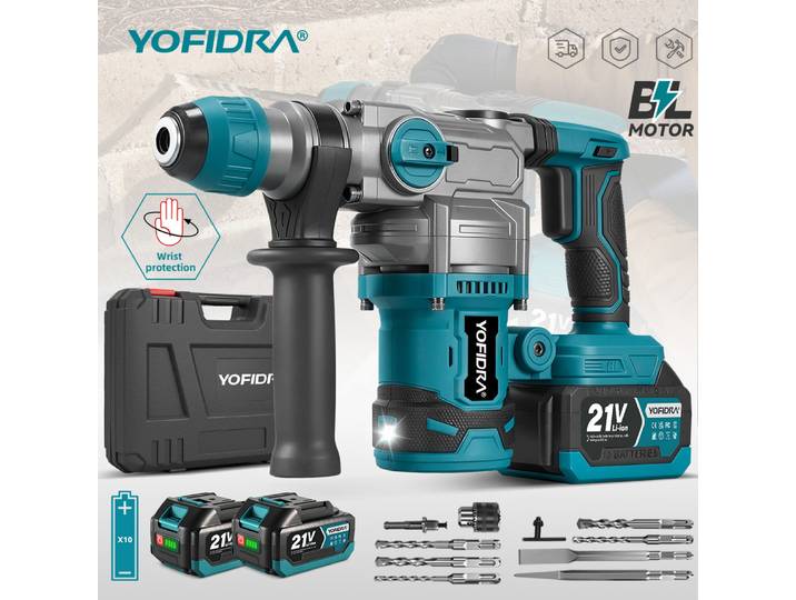 Marteau perforateur électrique sans balais YOFIDRA 26MM 3500W, perceuse à percussion multi-visseuses, outil de perçage rotatif compatible avec batterie Makita