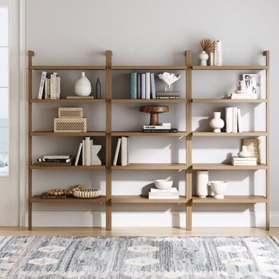 Nathan James Beacon Boho Rustic 5 Tier Bookshelf, Wall Mounted Solid Wood Bookcase
