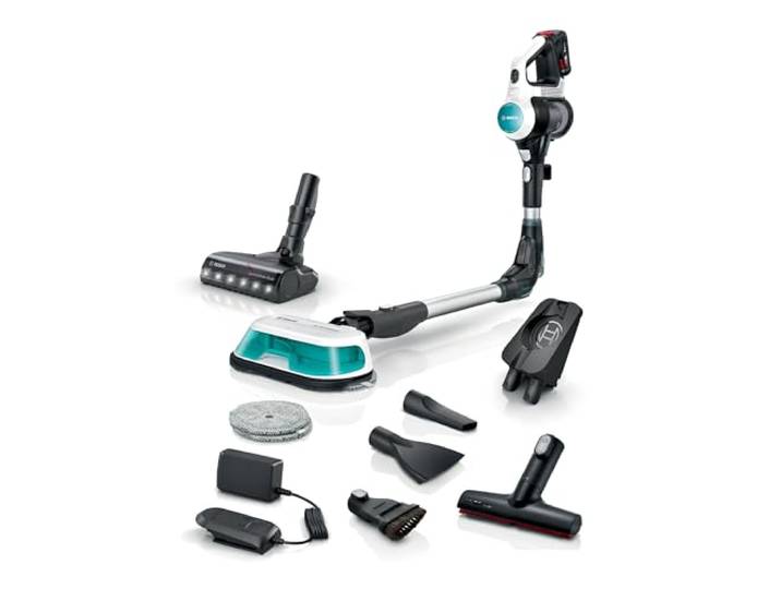 Bosch Akku-Staubsauger Unlimited 7 ProHygienic Aqua BKS71HYG1, kabellos, 2in1 Saugen & Wischen, Knickrohr, HEPA-Filtersystem, 10 J. Motorgarantie, Wechselakku, Schnellladegerät, Made in Germany, weiß