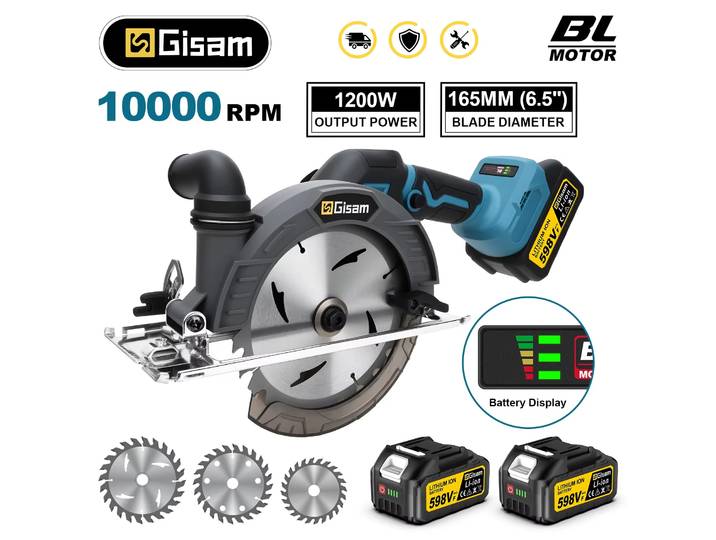 Scie circulaire électrique sans fil Gisam 165 mm, 10000 tr/min, angle réglable, outil électrique pour le travail du bois, compatible avec les batteries Makita 18v