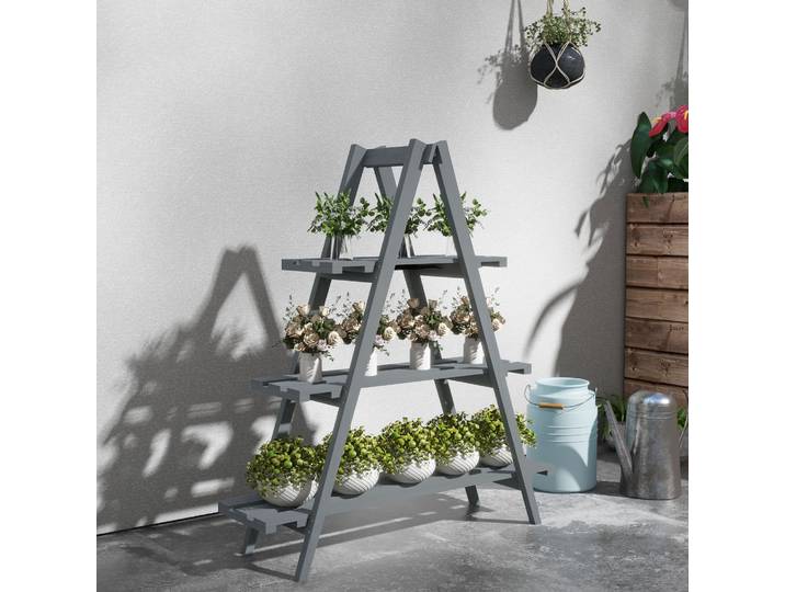 Outsunny Porte-Plantes 3 Niveaux Bois de Sapin Gris